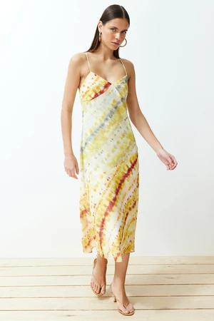 Trendyol Yellow Pattern Mixed Premium Chiffon Lined Midi Woven Dress