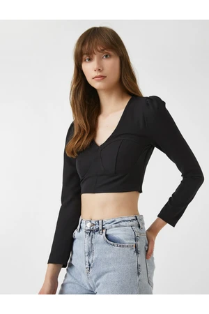 Koton V-Neck Crop Evening Blouse Long Sleeve