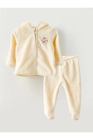 LC Waikiki With a Hooded Long Sleeve Plush Baby Girl Zippered Sweatshirt and Pants 2-Pair Set