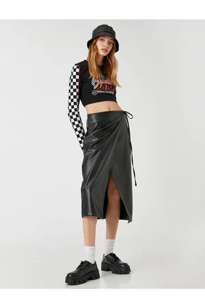 Koton Midi Skirt with Deep Slits and Wrapover Fastening with a Leather Look.