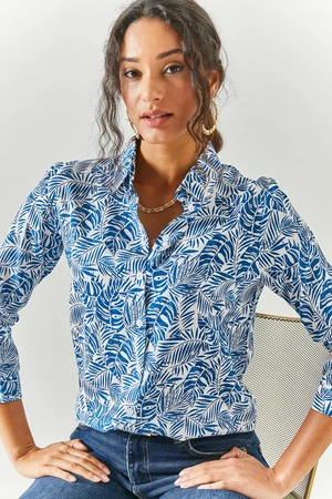 Olalook Women's Palm Navy Blue Patterned Shirt