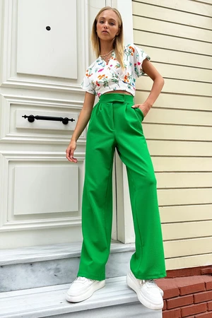 Trend Alaçatı Stili Women's Green High Waist Double Pocket Pleated Snap Closure Palazzo Pants