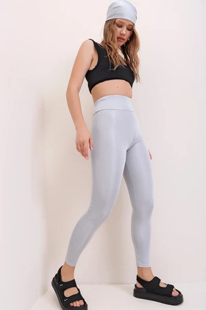 Trend Alaçatı Stili Women's Gray High Waist Consolidating Effect Disco Leggings