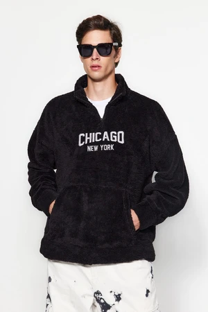 Trendyol Black Men's Oversize/Wide-Fit Zippered Stand Collar City Embroidery Thick Fleece/Plush Sweatshirt.