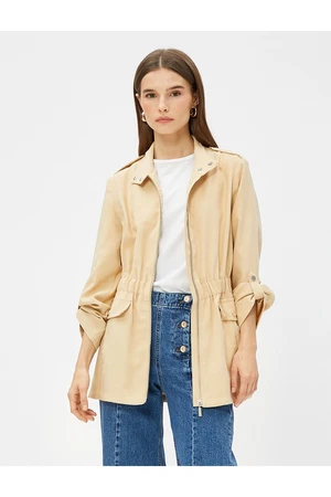 Koton Short Trench Coat with Zipper Epaulettes Detailed