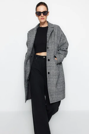 Trendyol Black Oversize Wide-Cut Checkered Long Stamped Coat