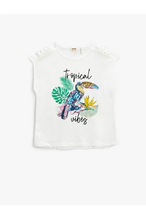 Koton Parrot Embroidered Sequins Sequined T-Shirt Window Detail Sleeveless.