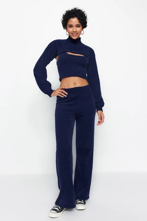 Trendyol Navy Blue Feather 3-Piece Tricot Top and Bottom Set