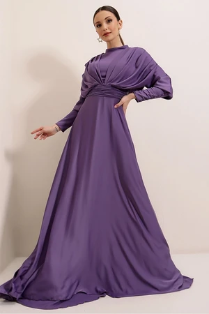 By Saygı Front Back Gathered Sleeves Button Detailed Lined Long Satin Dress