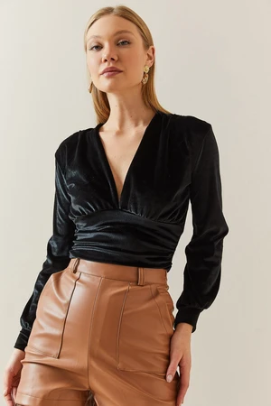 XHAN Black V-Neck Draped Velvet Crop Blouse