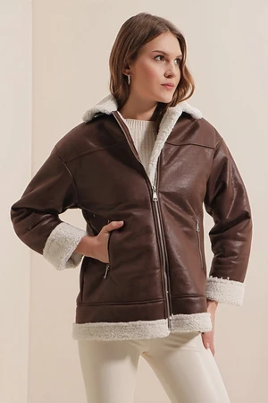 Bigdart 9103 Faux Fur Coat with Zipper - Brown