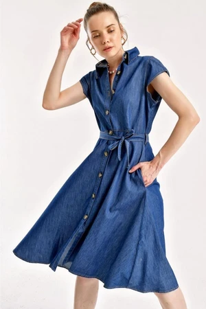 Bigdart 1677 Half-length Buttoned Waist Belt Denim Dress - Navy Blue