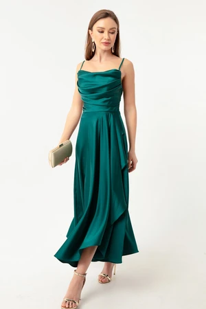 Lafaba Women's Emerald Green Satin Midi Length Evening Dress &; Prom Dress with Ruffles and a Slit.