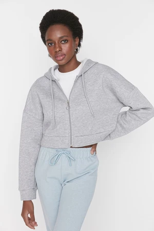 Trendyol Gray Zippered Hoodie, Relaxed-Cut Crop, Fleece Inside Knitted Sweatshirt