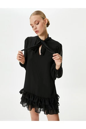 Koton Balloon Sleeve Chiffon Dress Mini Scarf Collar Ruffles