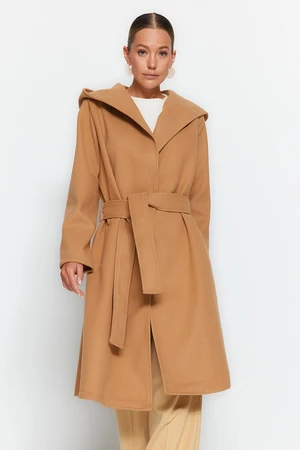 Trendyol Camel Oversize Wide-Cut Standard Size Hooded, Belted Long Stamped Coat