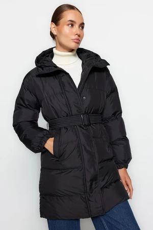 Trendyol Black Oversized Long Inflatable Coat, Water-Repellent with a Belted Hooded