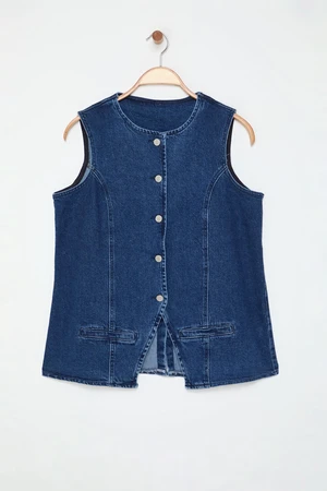 Trendyol Curve Blue Crew Neck Plus Size Denim Vest