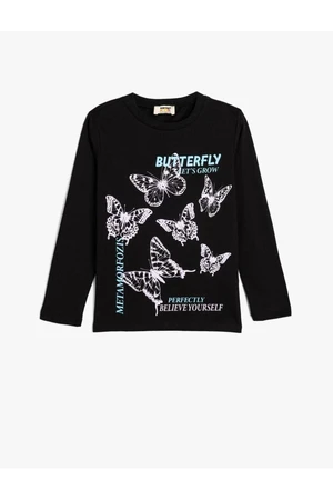 Koton T-Shirt Butterfly Printed Long Sleeve Crew Neck Cotton