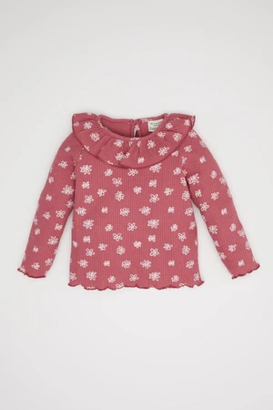 DEFACTO Baby Girl Regular Fit Ruffle Crew Neck Floral Patterned Waffle Long Sleeve Pink T-Shirt