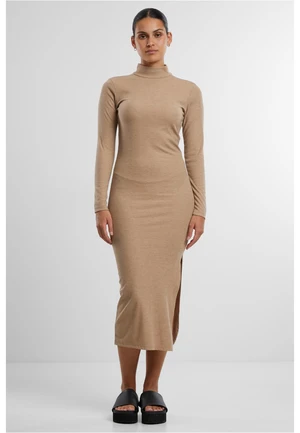 Women's ribbed long turtleneck dress beige