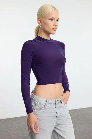 Trendyol Purple Sleeve Gather Detailed Fitted High Collar Crop Stretchy Knitted Blouse