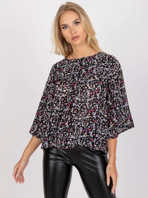 Black loose blouse with floral print ZULUNA