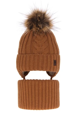 AGBO Boy's winter set: hat and tube scarf camel Kongo with pompom