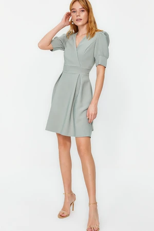 Trendyol Mint Double Breasted Collar Skater/Belt Opening Mini Woven Dress