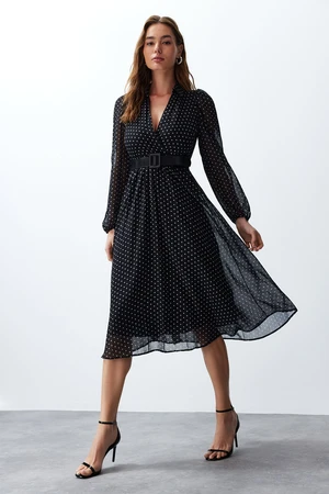 Trendyol Black Belted Polka Dot Chiffon Lined Midi Woven Dress