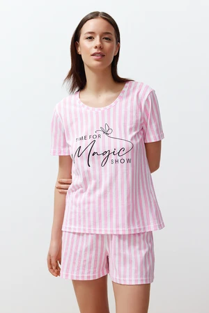 Trendyol Pink Slogan Printed Striped Knitted Pajama Set