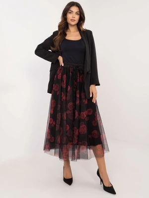 Red and black floral tulle midi skirt