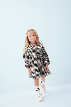 DEFACTO Baby Girl Large Collar Plaid Patterned Long Sleeve Button-down Flannel Dress