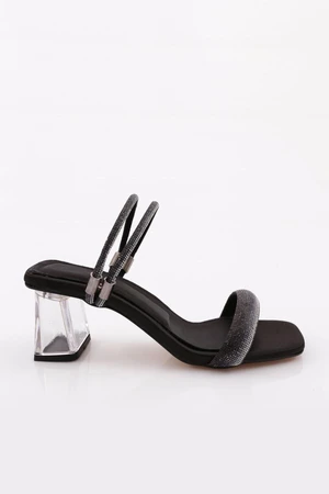 DGN 901 Women's Square Toe Transparent Heeled Sandals Black Satin