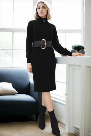 92522 Dewberry Long Knit Women Dress (Belt Not Included)-BLACK