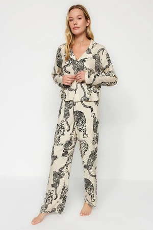 Trendyol Cream Tiger Pattern Viscose Woven Pajamas Set