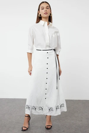 Trendyol Ecru Lined Embroidered Belted Button Detailed Woven Skirt