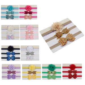 Fashion 3pcs/lot Sequin Bow Chiffon Flower Elastic Headbands Kids Photography Props Baby Girls Cute Hairbands Birthday Gift Sets