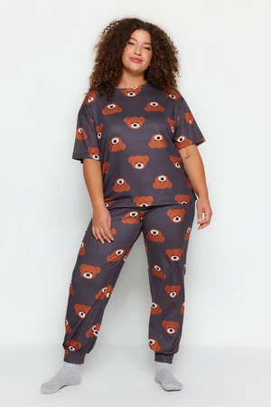 Trendyol Curve Gray Teddy Bear Patterned Knitted Pajamas Set