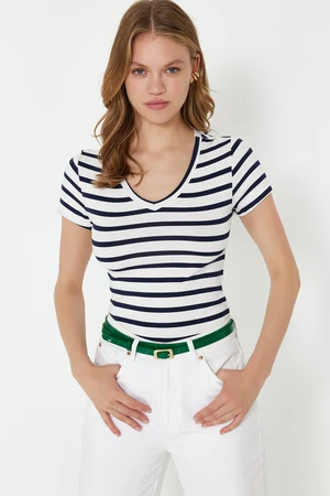 Trendyol Navy Blue Striped Premium Viscose/Soft Fabric V-Neck Fitted Stretchy Knitted Blouse