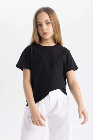 DEFACTO Girl's Black Crew Neck Short Sleeve School T-Shirt