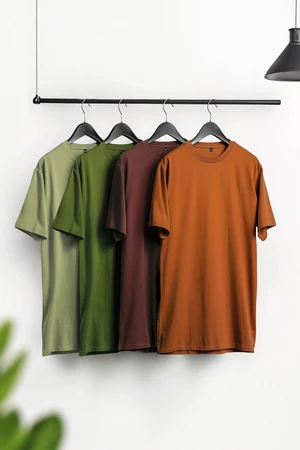 Trendyol Brown-Khaki-Orange-Light Green Slim/Slim Cut 4-Piece Basic 100% Cotton T-Shirt