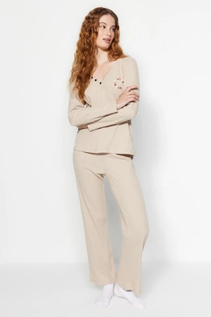 Trendyol Beige Cotton Embroidered and Button Detailed Ribbed Knitted Pajama Set