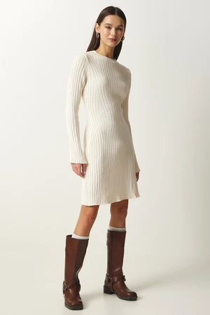 Happiness İstanbul Women's Cream Ribbed A-Line Knitwear Dress