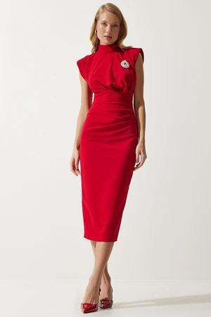 Happiness İstanbul Women's Red Elegant Brooch Gathered Wrap Knitted Dress