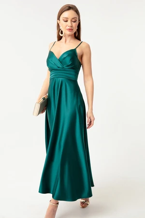 Lafaba Women's Emerald Green Satin Midi Evening Dress &; Prom Dress with Rope Straps and Waist Belt.