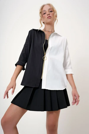 Trend Alaçatı Stili Women's Black and White Zippered Color Block Woven Shirt