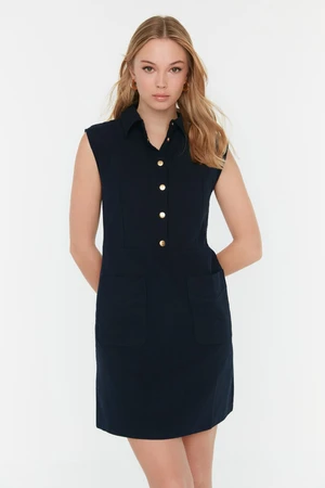 Trendyol Navy Blue egyenes szabású zsebes inggallér Mini szőtt vászon megjelenésű ruha