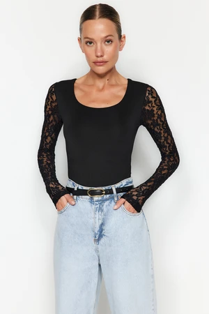 Trendyol Black Square Neck Lace Sleeve Knitted Bodysuit