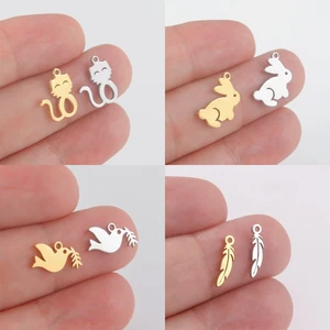 EUEAVAN 5pcs Stainless Steel Animal Charms for Jewelry Making Cat Rabbit Dove Peace Bird Feather Charm Pendant DIY Necklace